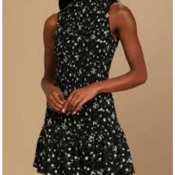 LULU'S BOUQUETS FOR YOU BLACK FLORAL SLEEVELESS HIGH NECK SMOCKED MINI DRESS - Picture 2 of 10